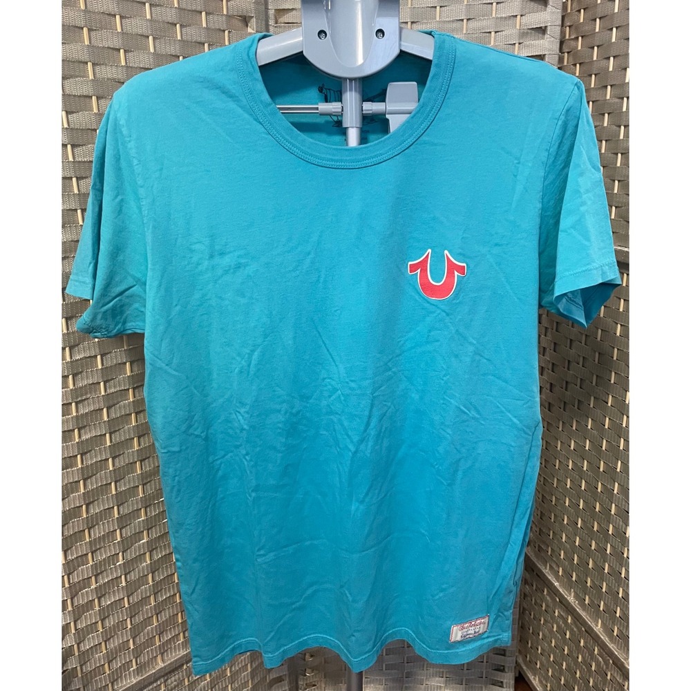 True Religion Mens World Tour Buddha T-Shirt Teal Blue Cotton Made in USA Large